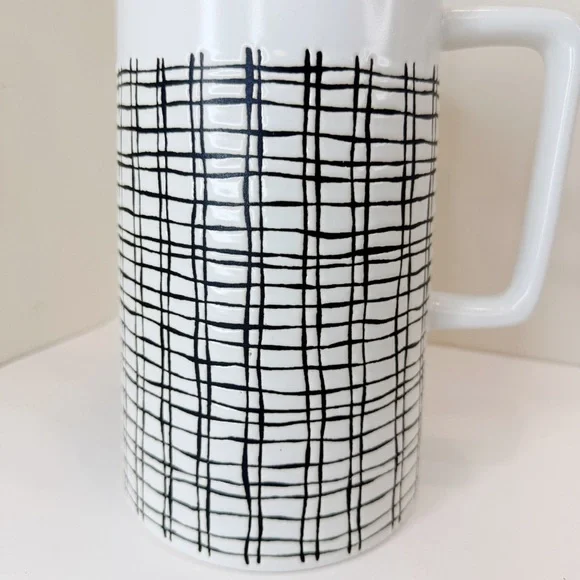 Pier 1 Imports Retired Ceramic Pitcher MCM Retro Off White Black Cross Hatch - Picture 2 of 10
